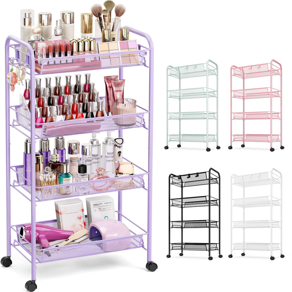 TOOLF 4-Tier Rolling Cart, Metal Utility Cart with 3 Hooks, Easy Assemble Mobile Storage Trolley On Wheels, Metal Shelving Units Kitchen Bathroom Laundry Room