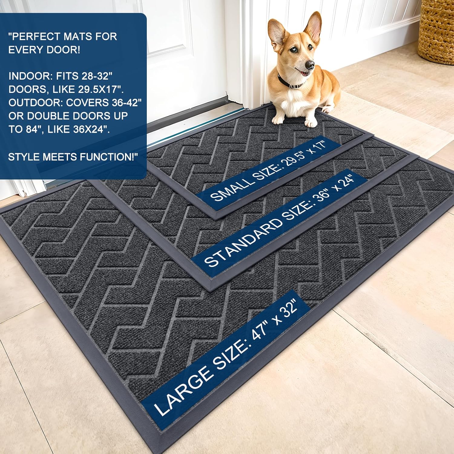 OLANLY Waterproof Front Door Mat - All-Season Indoor/Outdoor Doormat | Sturdy Natural Rubber, Grey (59x23)