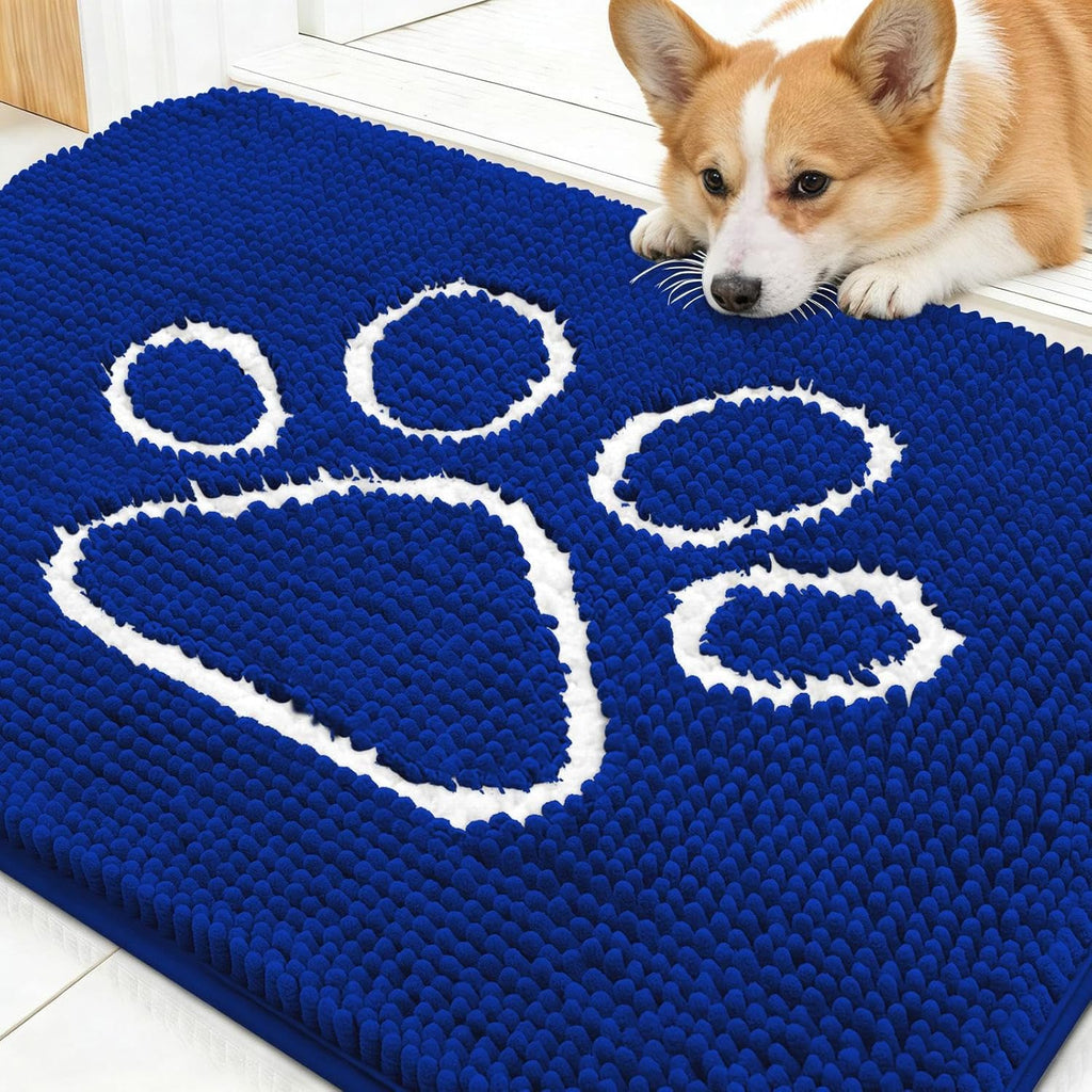 OLANLY Dog Door Mat - Absorbent Muddy Paws Doormat | Non-Slip Chenille 30x20 Royal Blue