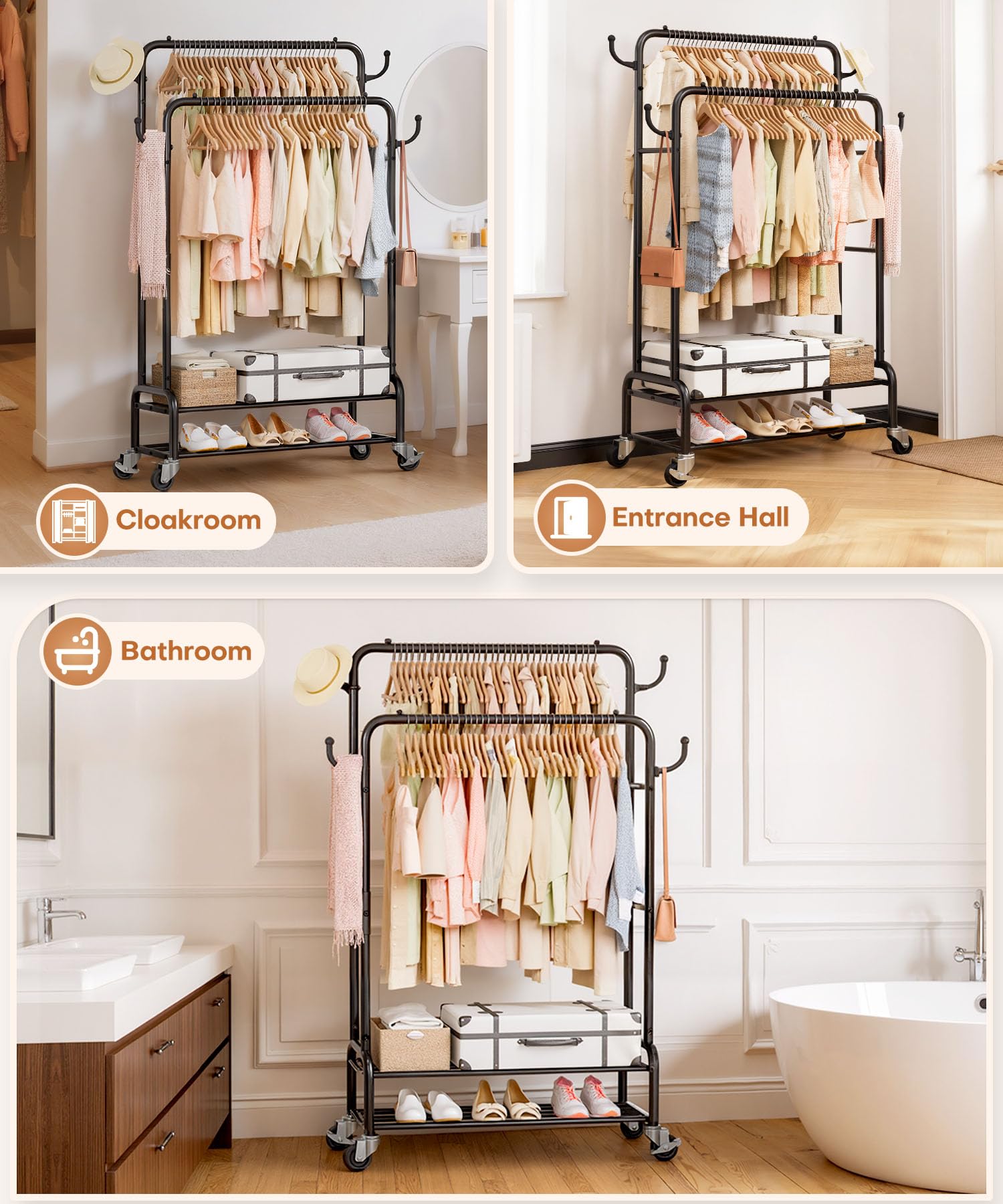 Homde Heavy Duty Clothes Rack: 265lb Rolling Double Rod Garment Hanging - Metal Coat Organizer Storage Display Shelf on Wheels for Bedroom Laundry