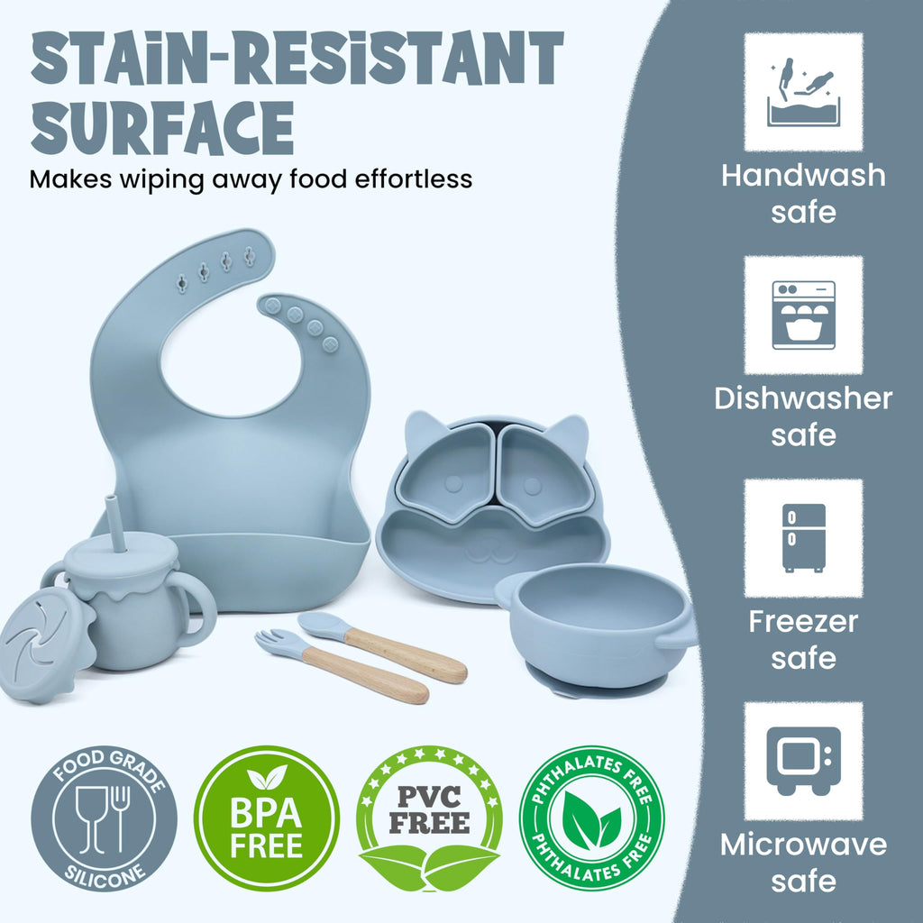 Baby Feeding Essentials, Baby Led Weaning Supplies, Silicone Baby Feeding Set, with Baby Spoon, Fork, Baby Bib, Sippy Cup, Suction Plate, Suction Bowl, Baby Eating Essentials, 6+ Months (Dusty Blue)