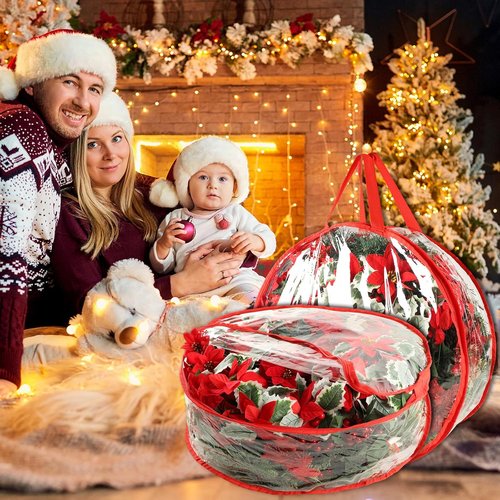 4 Pcs Christmas Wreath Storage Bag - 24 Inch Waterproof PVC Container with Red Edging & Handles