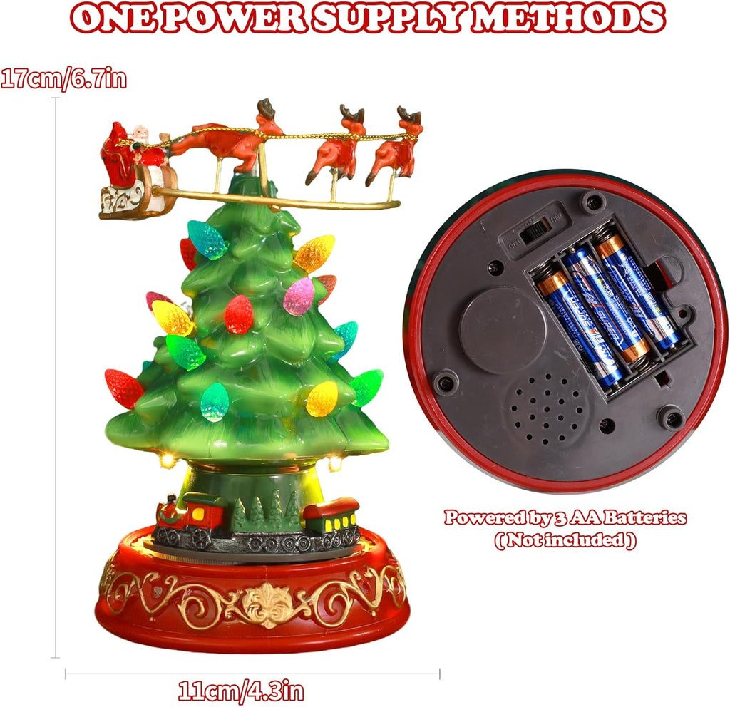 Regine Switzerland Musical Pre-Lit Artificial Christmas Tree - Spinning Train & Elk Figurines | Holiday Tabletop Decor