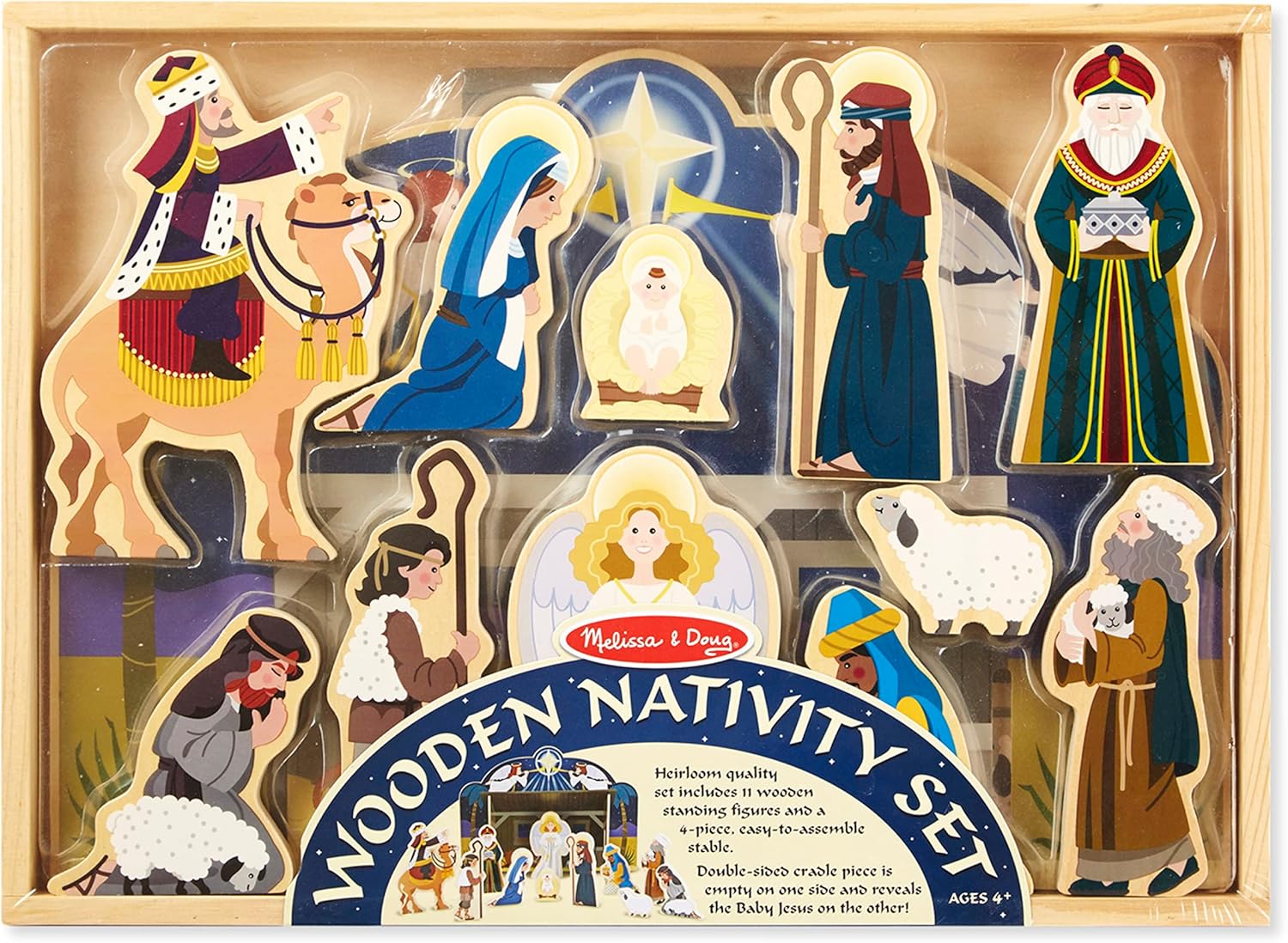 Melissa & Doug Classic Wooden Nativity Set - 11 Figures with 4-Piece Stable for Holiday Decor