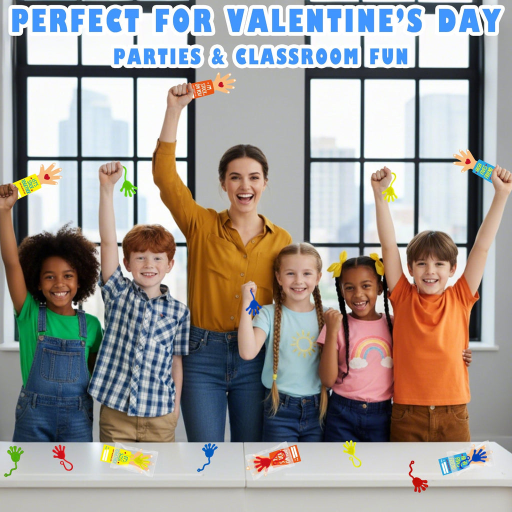 Valentines Cards for Kids Classroom - 28 PACK Sticky Hands with Kids Valentines Cards, Funny Valentine Classroom Gifts for Girls Boys, Valentines Party Favors & Goodie Bag Stuffers for Class Preschool