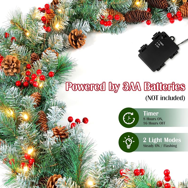 Lewondr 9ft Prelit Christmas Garland with Cedar, Pine Cones & 50 LEDs - Cedar Green (Variation of Cedar Green)