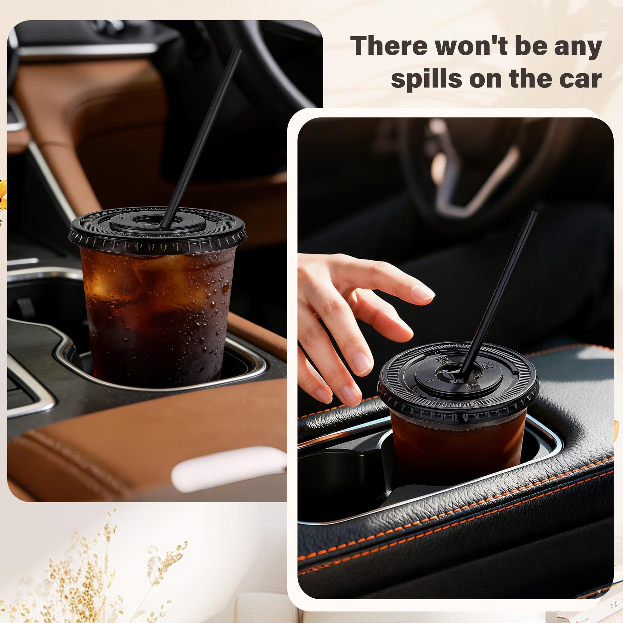 tchrules 100 Set 12oz Black Plastic Cups with Lids & Straws, Disposable Iced Coffee Cup with Lid, Round Bottom Plastic To Go Cups for Cold Drinks Slushie Smoothie Lemonade Party Picnic Shop Supplies