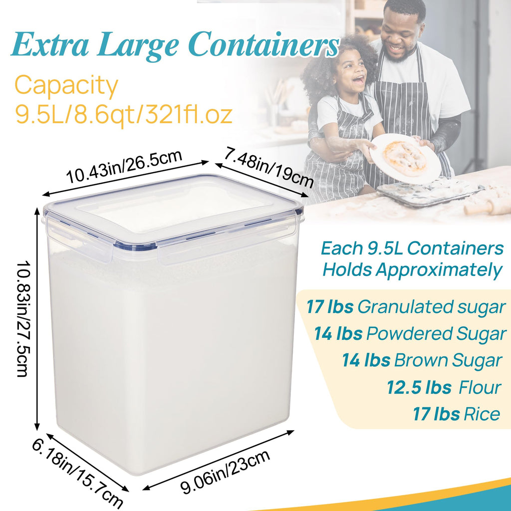 Vtopmart 9.5L 2 Pack Extra Large Flour Sugar Storage Containers, Each for 12.5 lbs flour, Airtight Kitchen Pantry Organization Canisters with Lids for Bulk food, Rice, Baking Supplies, BPA Free, Black