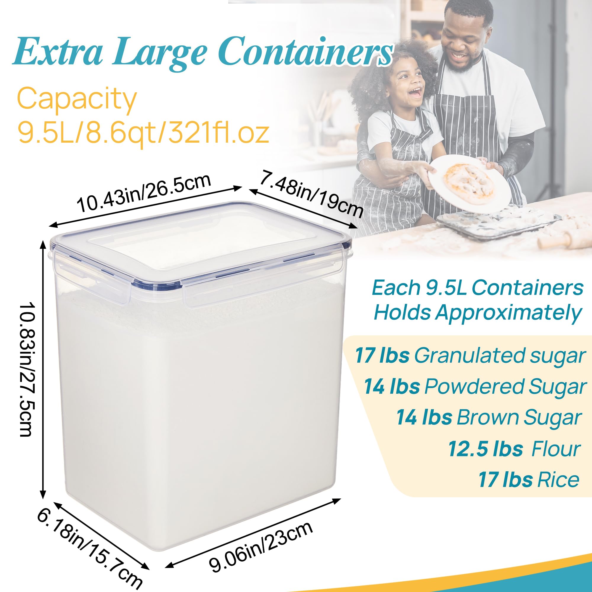 Vtopmart 9.5L 2 Pack Extra Large Flour Sugar Storage Containers, Each for 12.5 lbs flour, Airtight Kitchen Pantry Organization Canisters with Lids for Bulk food, Rice, Baking Supplies, BPA Free, Black