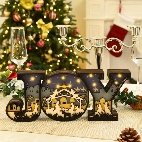Christmas Nativity Set - 3D Religious Scene with LED Joy Letter Lights | Indoor Tabletop Decorations