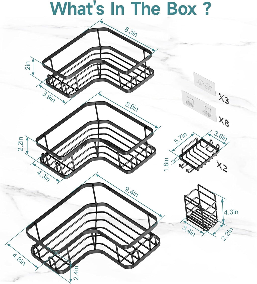 Veken Corner Shower Caddy - Rustproof No-Drill Adhesive Shelves & Soap Holder | Large Capacity, Black