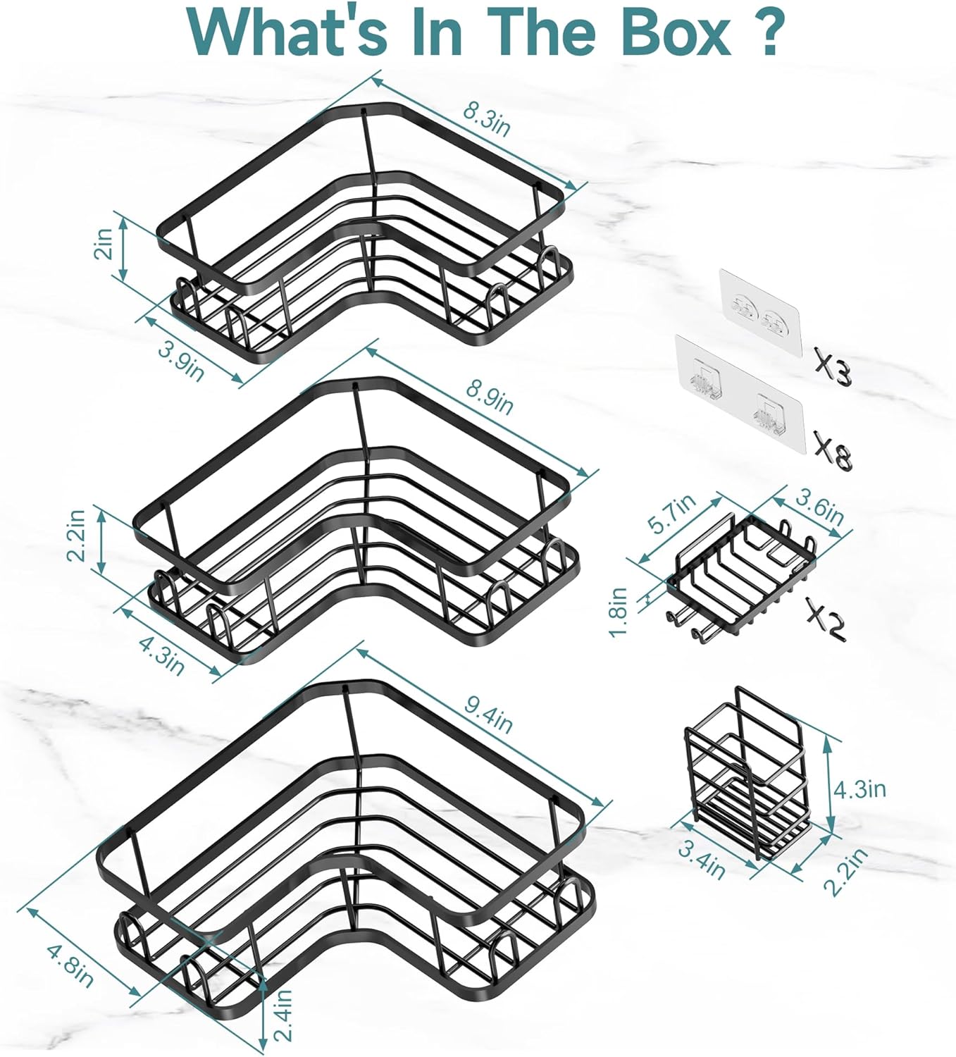 Veken Corner Shower Caddy - Rustproof No-Drill Adhesive Shelves & Soap Holder | Large Capacity, Black