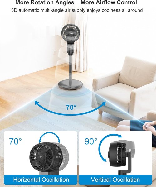 JRD Fan for Bedroom, 70° Oscillating Standing Fans, Quiet Floor Fan, 100ft Pedestal Fans for Room, 6 Speeds, 3 modes,90° Manual Vertical, 19-38" Adjustable Height,24H Timer,Remote Control