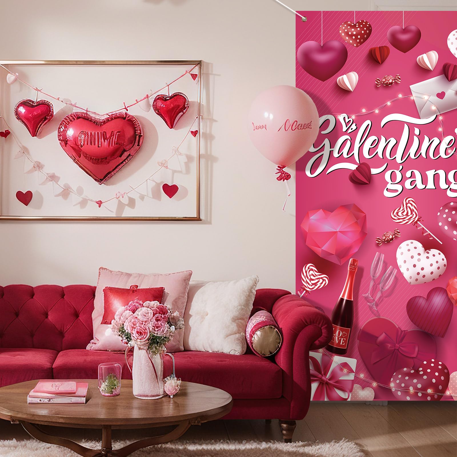 VitalCozy Galentine's Day Door Cover 72 x 35 Inch Happy Galentine's Day Galentines Gang Door Banner Pink Heart Valentines Indoor Outdoor Decorations for Women Girls Home Party Supplies(Classic)