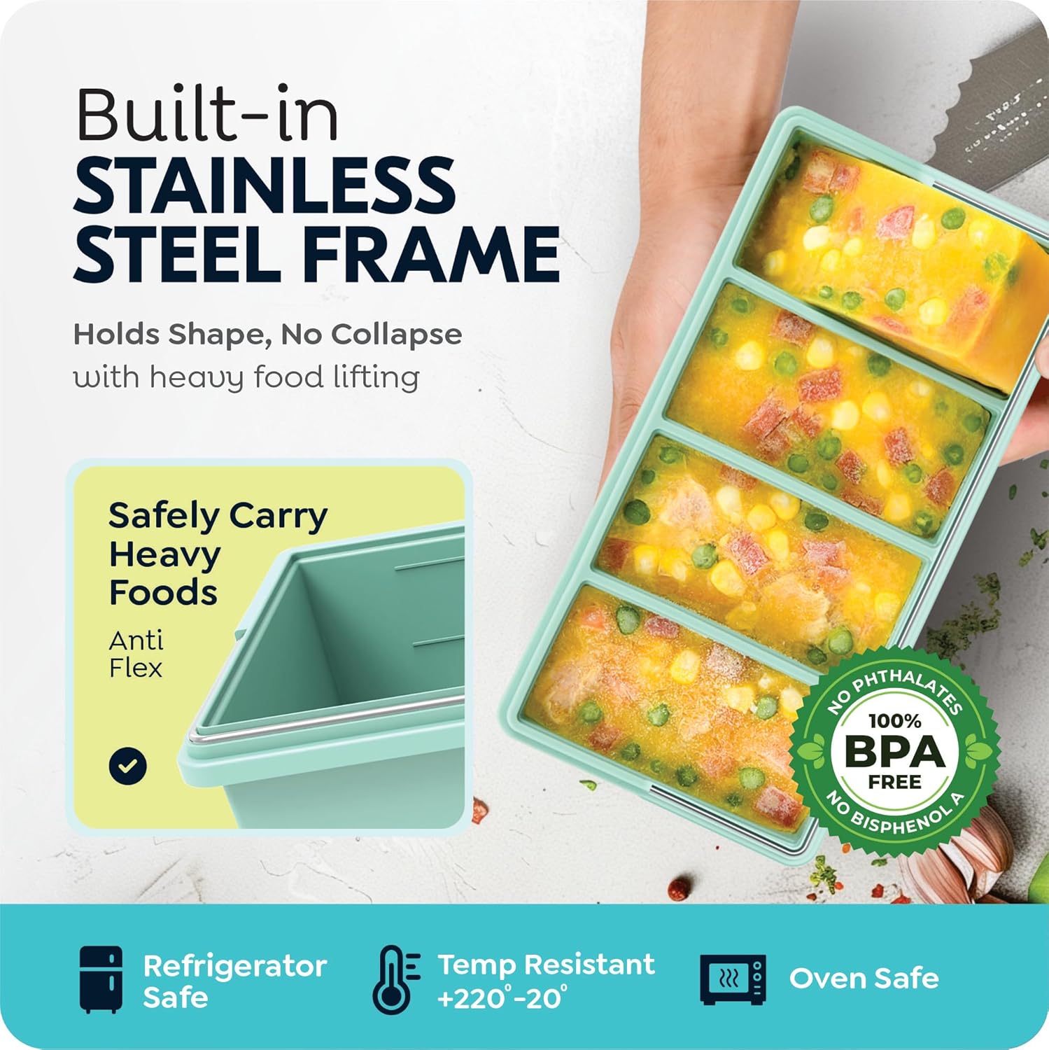 Skiennix Silicone Freezer Trays - Leakproof 1-Cup Ice Cube Containers, BPA-Free, 2-Pack for Meal Prep