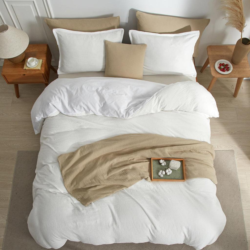 Bailix Muslin Duvet Cover Set Queen Size, 100% Washed Cotton Gauze Duvet Cover for All Seasons, Linen Like, 3 PCS, 1 Fluffy Duvet Cover(90"x90") with 2 Pillow Shams(20"x26"), White