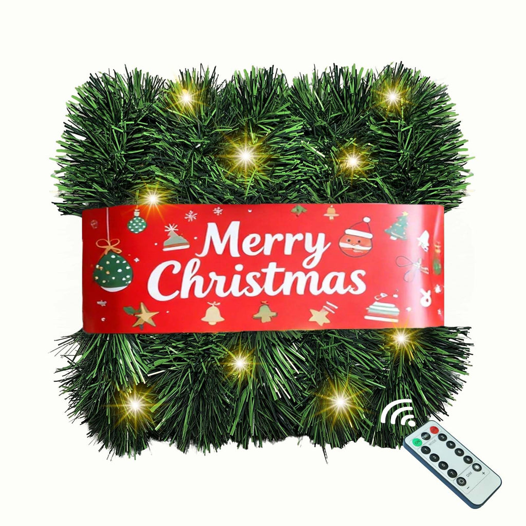 Christmas Garland with Lights, 30 Feet 50 Led Battery Operated Pre-Lit Long Garland Remote Timer for Stairs Railing Fireplace Mantle Office Door Frame Decor Green Greenery Indoor Outdoor Decorations