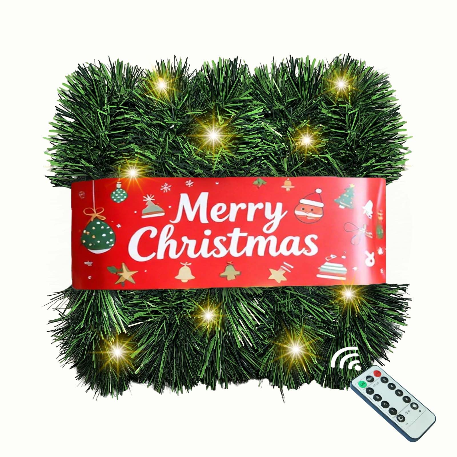 Christmas Garland with Lights, 30 Feet 50 Led Battery Operated Pre-Lit Long Garland Remote Timer for Stairs Railing Fireplace Mantle Office Door Frame Decor Green Greenery Indoor Outdoor Decorations