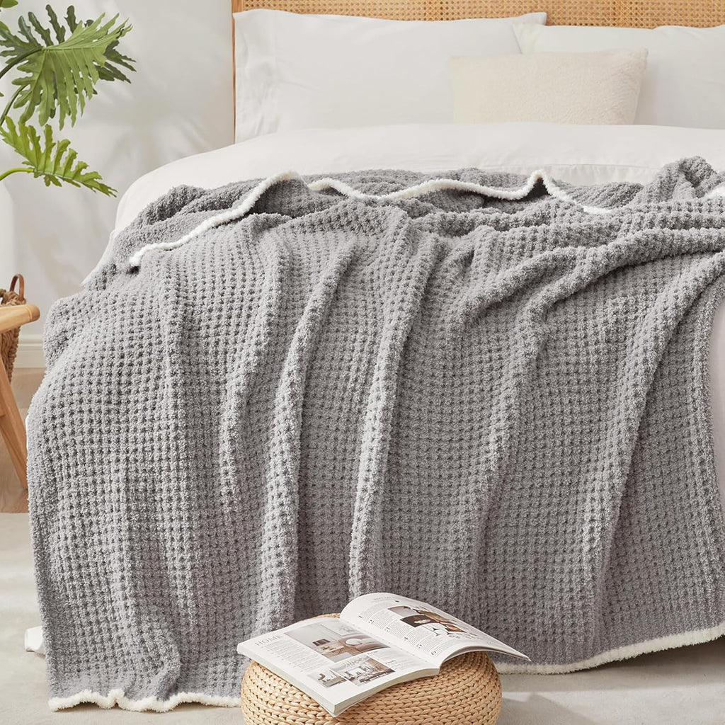 Snuggle Sac Ultra Soft Waffle Throw Blanket - Reversible Grey Microfiber 50x60 Inches | Cozy Gift for Women