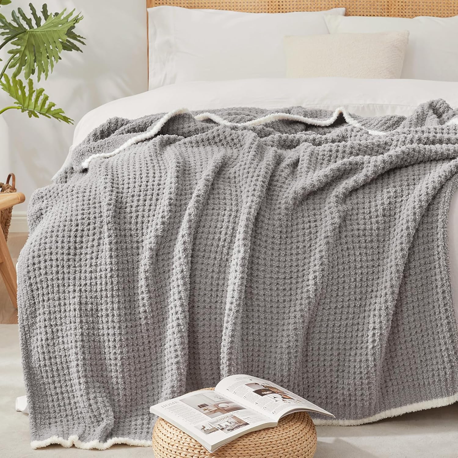 Snuggle Sac Ultra Soft Waffle Throw Blanket - Reversible Grey Microfiber 50x60 Inches | Cozy Gift for Women