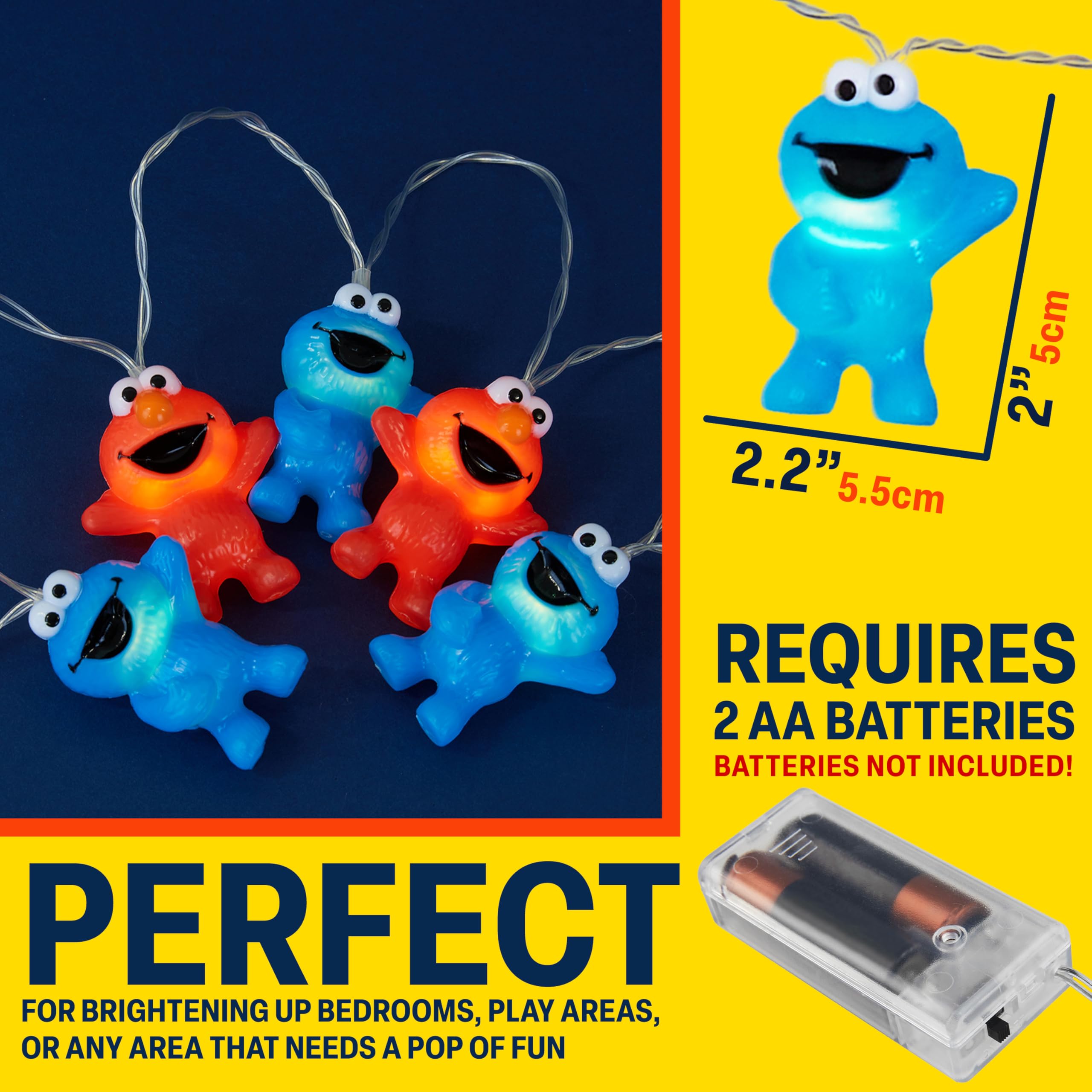 Get Trend Sesame Street Cookie Monster, Elmo 3D String Lights, 5.5ft Indoor LED Battery Operated Warm Fairy Lights, Room Decor, Home Decorations
