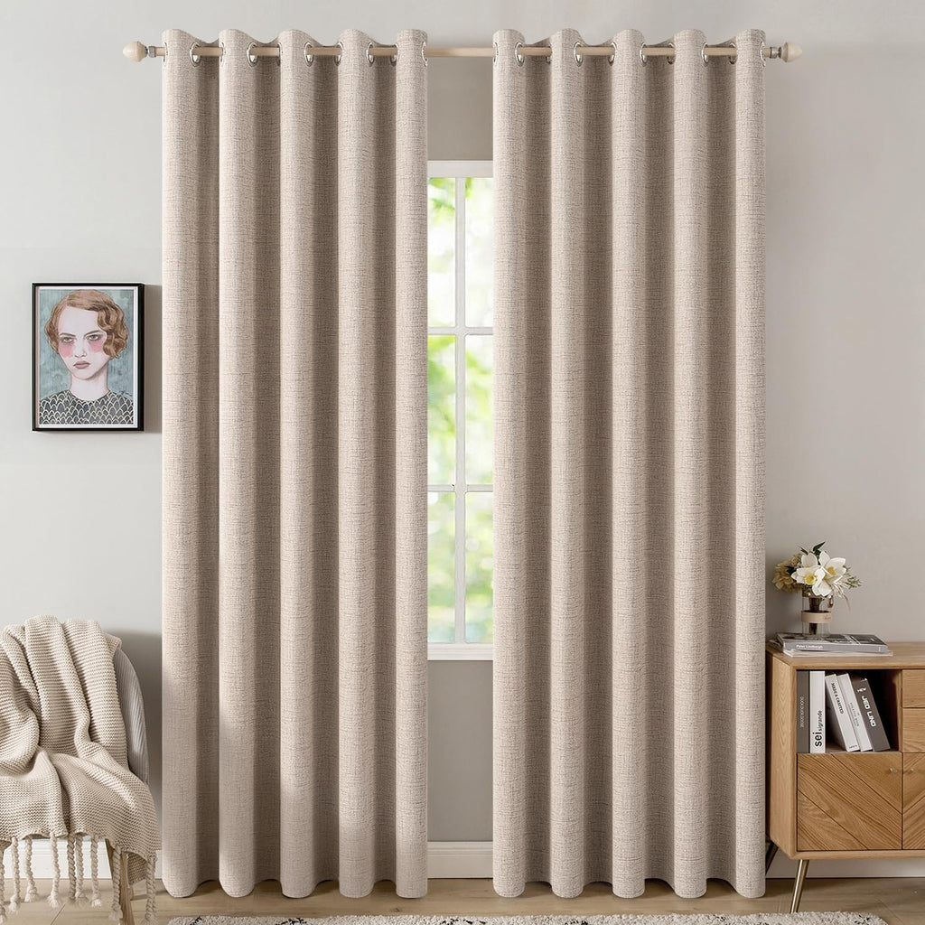 MIULEE 100% Blackout Linen Textured Curtains - Thermal Insulated Room Darkening Drapes | Natural Beige, 62 x 90 Inch (2 Panels)