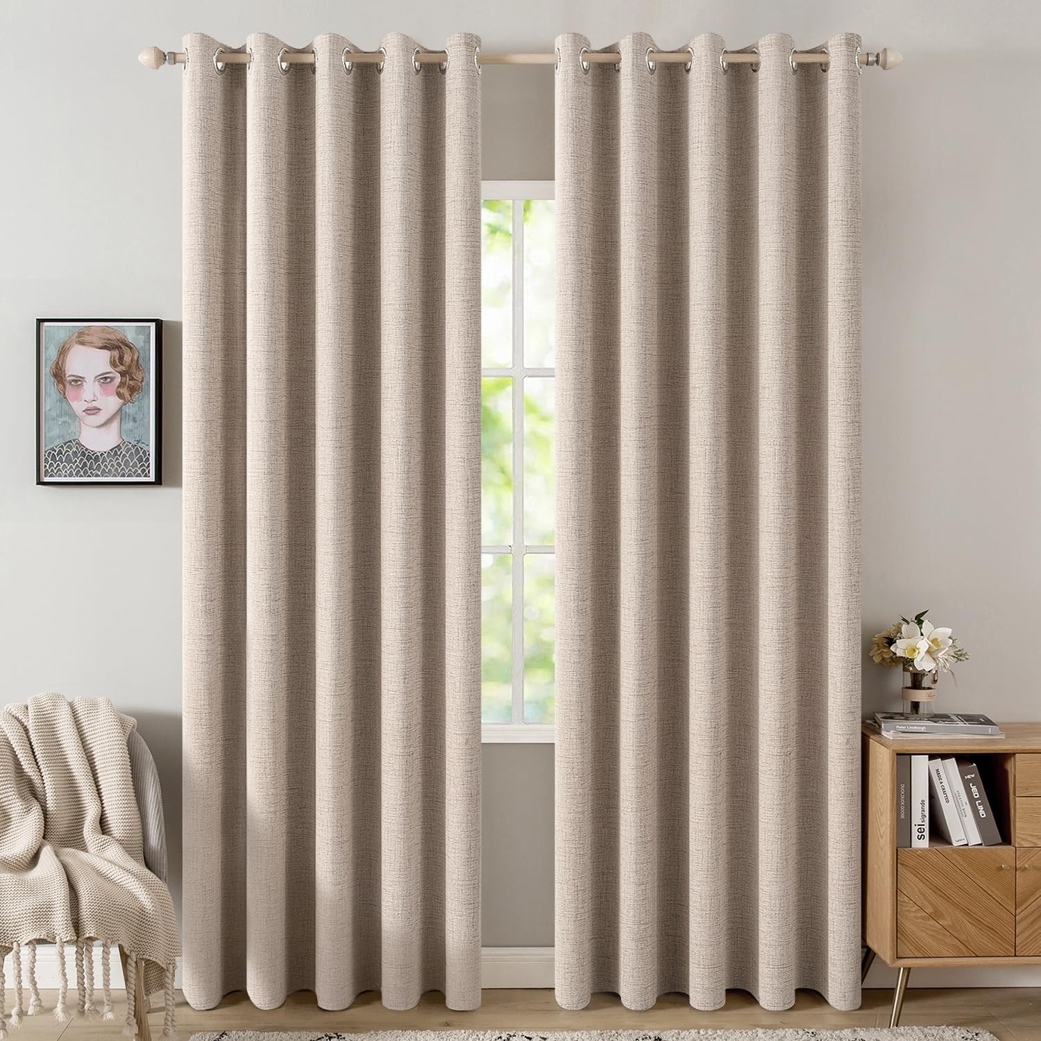MIULEE 100% Blackout Linen Textured Curtains - Thermal Insulated Room Darkening Drapes | Natural Beige, 62 x 90 Inch (2 Panels)