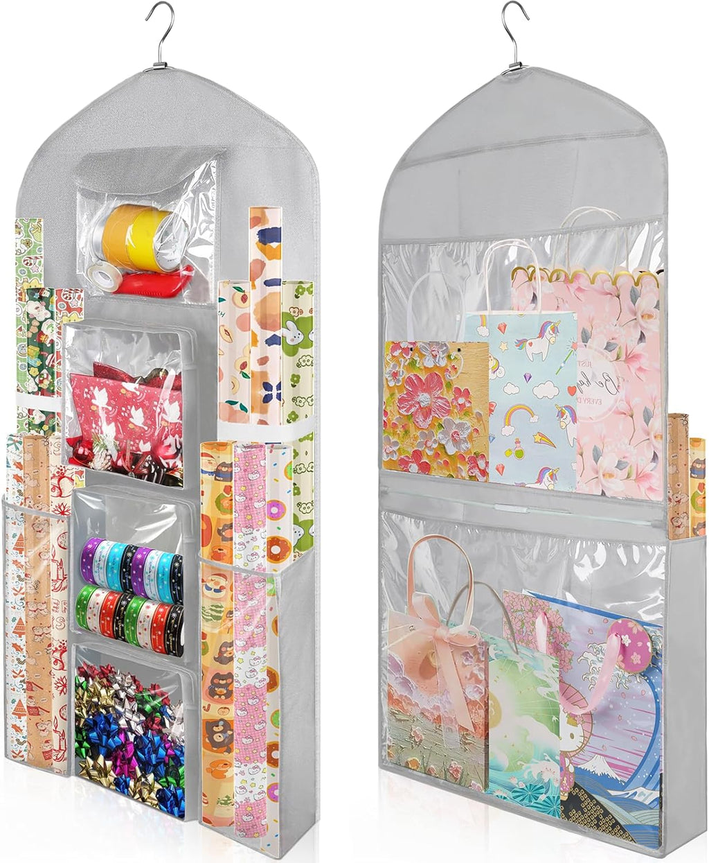 Woodoulogy Gift Wrapping Paper Storage Bag - Extra Large 48x24 Grey Double-Sided Organizer for Christmas