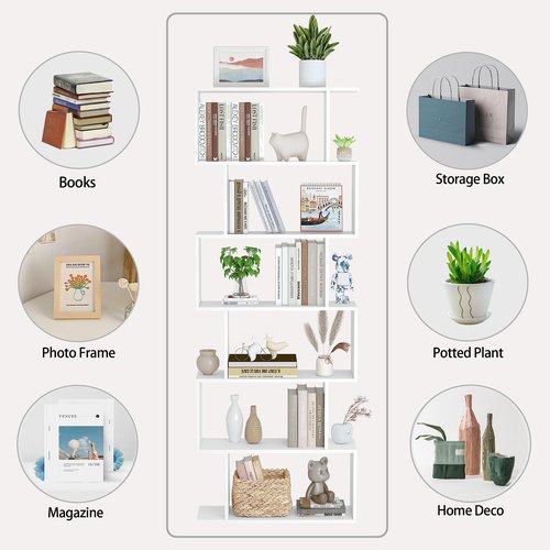 Yusong S Shaped Bookshelf, Modern Geometric Bookcase, 6-Tier White Display Case Book Shelf