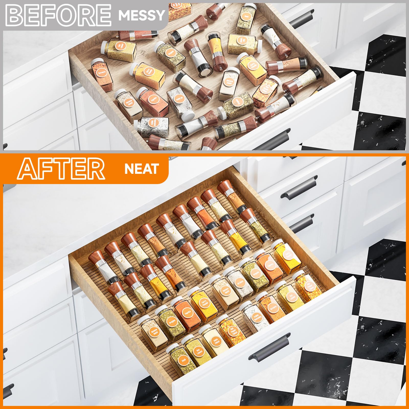 Yieach 8 Pack Adjustable In Drawer Spice Organizer - Expandable From 11'' to 22'' - Acrylic Drawer Seasoning Organizer,Clear Spice Organization Tray for Cabinet Drawers Condiment,Nail Polish and Jar