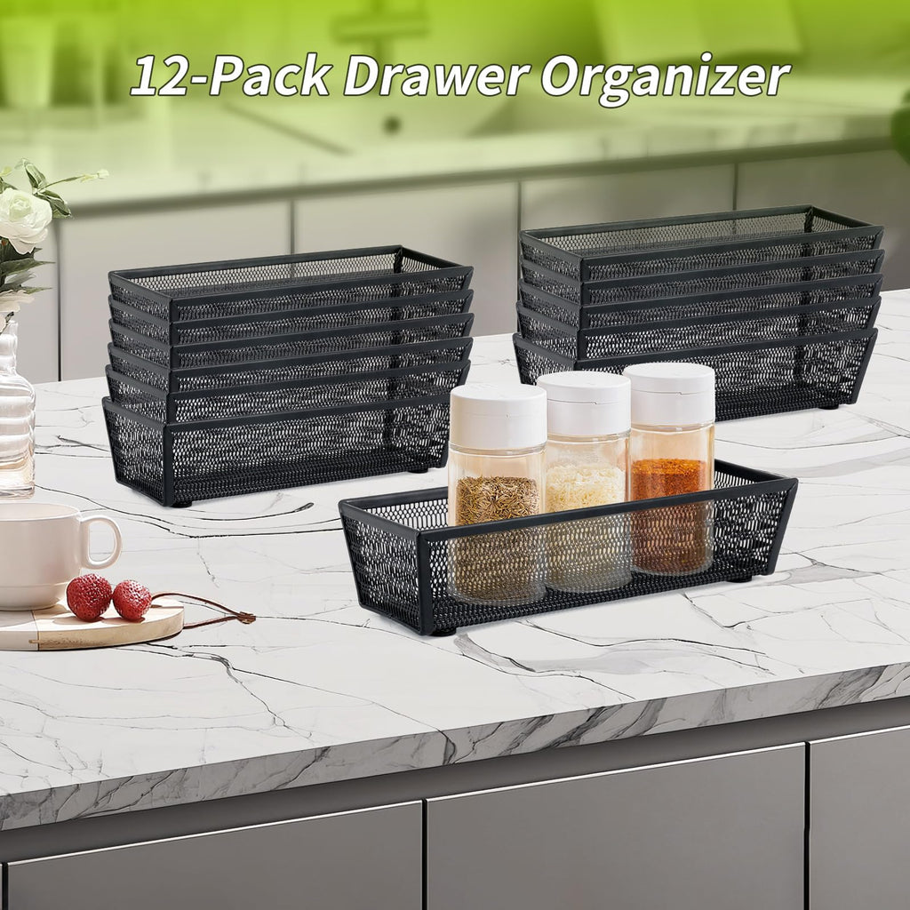 Neudeco Silverware Organizer,Mesh Drawer Organizer for Kitchen，Metal Utensil Organizer for Flatware, Knives, Spoons,Cosmetic (Black 9 * 3 * 2 inch Pack12)