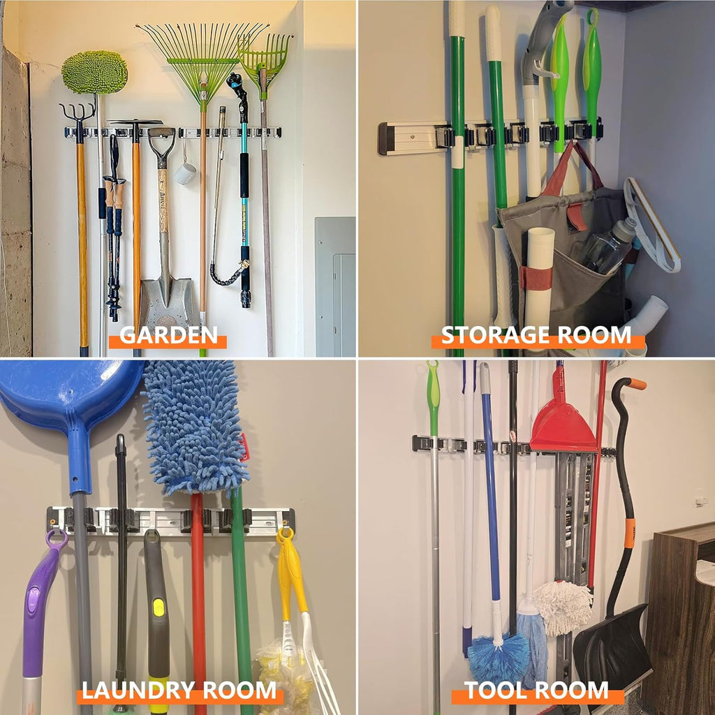 Reliahom Broom Holder Wall Mount - 2 Pack with 5 Racks & 4 Hooks for Garage, Kitchen, Garden, Laundry Room