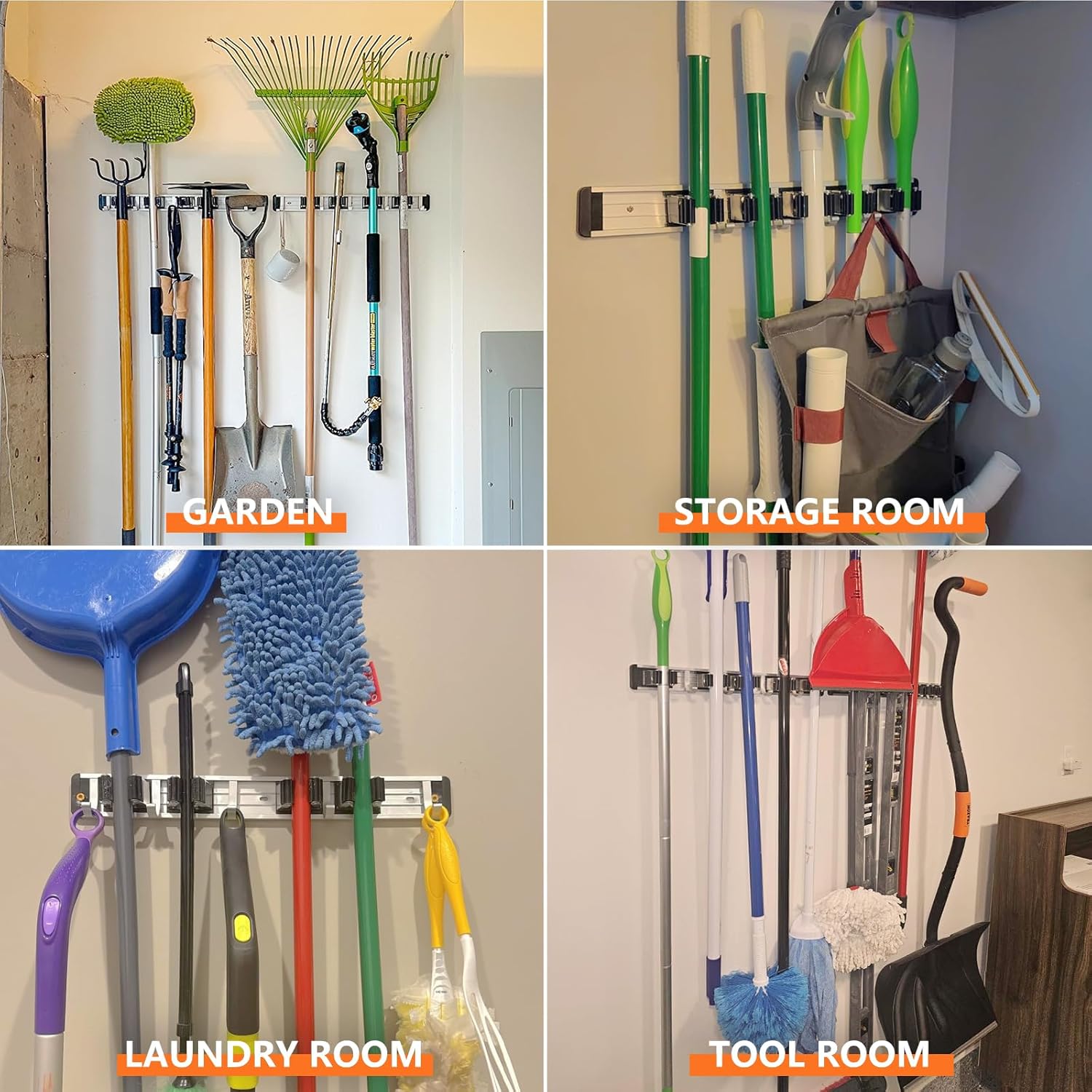 Reliahom Broom Holder Wall Mount - 2 Pack with 5 Racks & 4 Hooks for Garage, Kitchen, Garden, Laundry Room