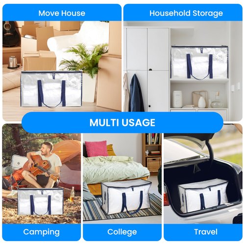 Simple Deluxe 6 Pack Heavy Duty Moving Bags with Reinforced Zippers & Comfortable Handles, Extra Large Foldable Storage Totes for Clothes, College Dorm, White