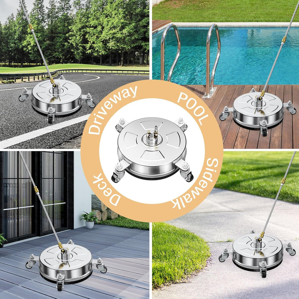 Pressure Washer Surface Cleaner - 14" Stainless Steel, 4000 PSI, 4 Wheels & 3 Nozzles for Patios