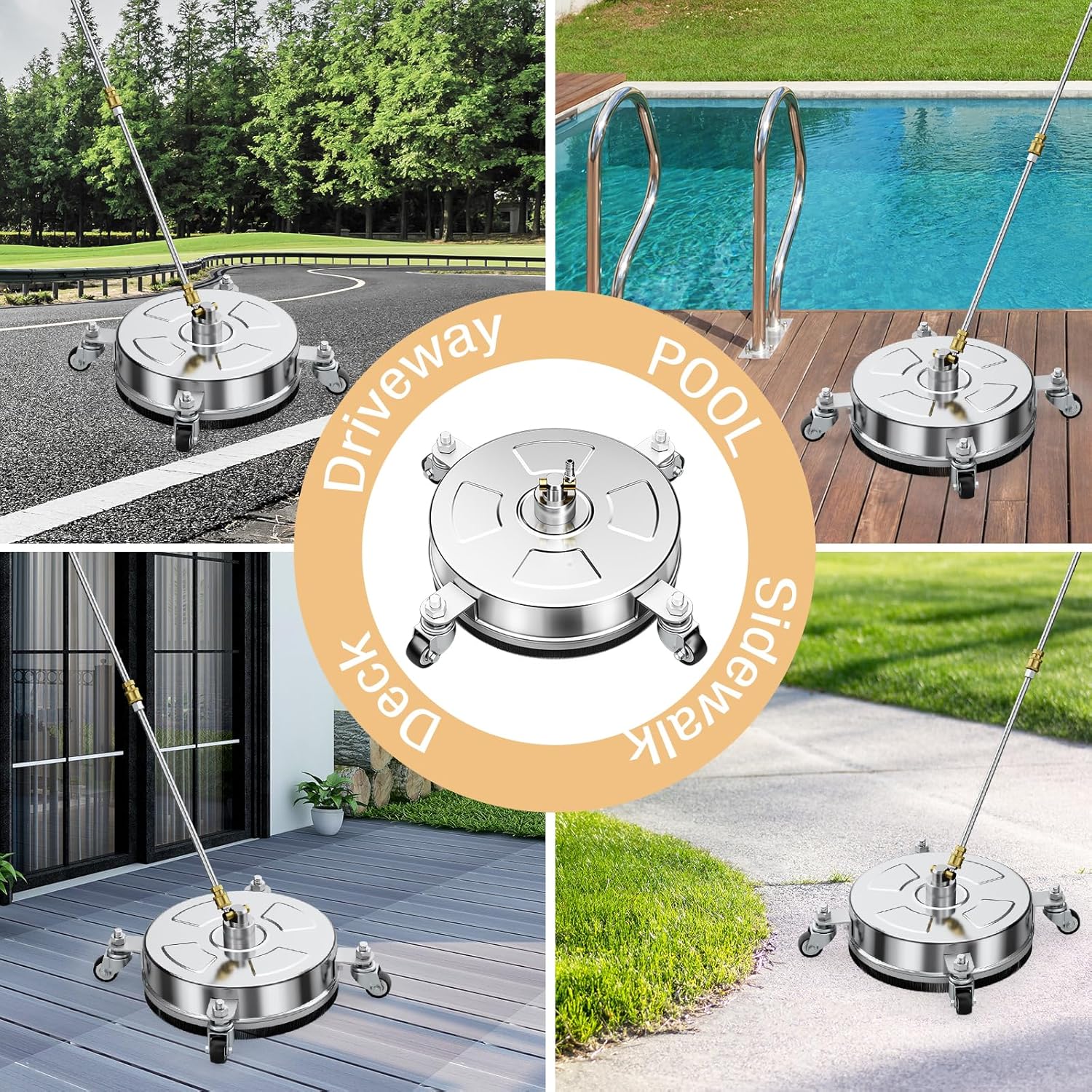 Pressure Washer Surface Cleaner - 14" Stainless Steel, 4000 PSI, 4 Wheels & 3 Nozzles for Patios