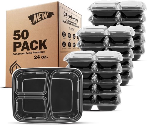 Freshware Meal Prep Containers - 50 Pack 3 Compartment Food Storage with Lids | BPA Free, Stackable, Microwave Safe (24 oz)