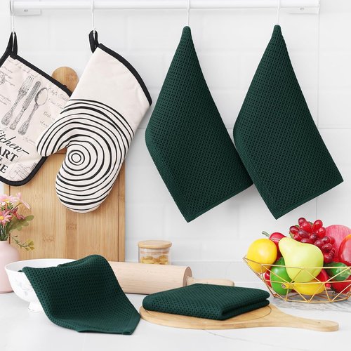 Homaxy Kitchen Dish Cloths - 100% Cotton Waffle Weave, Ultra Soft & Absorbent, 12x12 Inches, 6-Pack | Blackish Green
