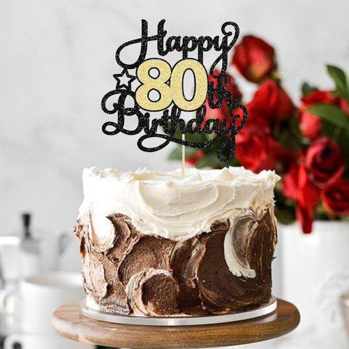 Happy 80th Birthday Cake Topper by [Brand Name] - Black Gold Glitter Design for 80th Anniversary Celebration