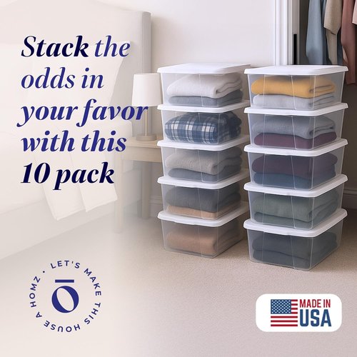 HOMZ 10-Pack Snaplock Storage Bins - Clear Plastic Organizer Containers with Lids, 6 Quart, White