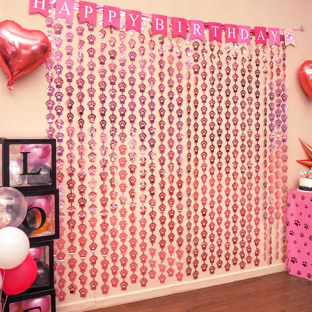 MENSTARSI Cat Birthday Decorations - 2 Pack Pink Cat Paw Party Supplies | 3.3x6.6 Ft Foil Fringe Curtains & Tinsel Backdrop