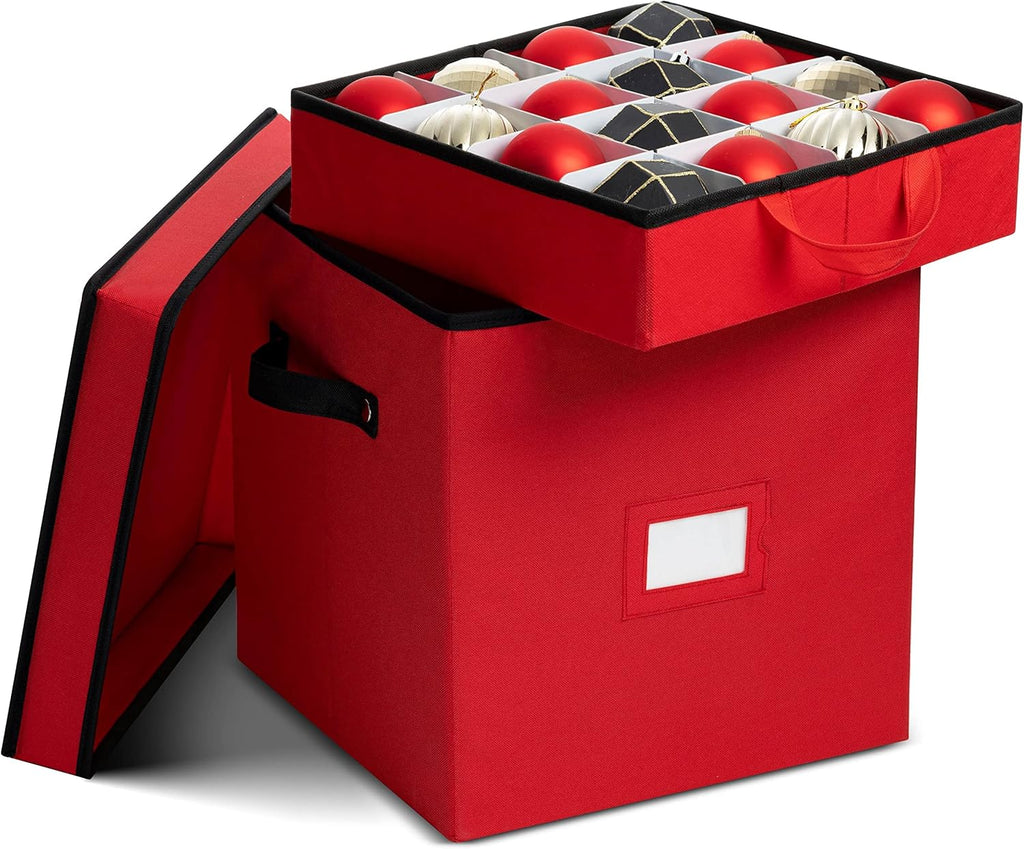 Zober Christmas Ornament Storage Box | Holds 64 Ornaments | Durable Non-Woven Design - Red
