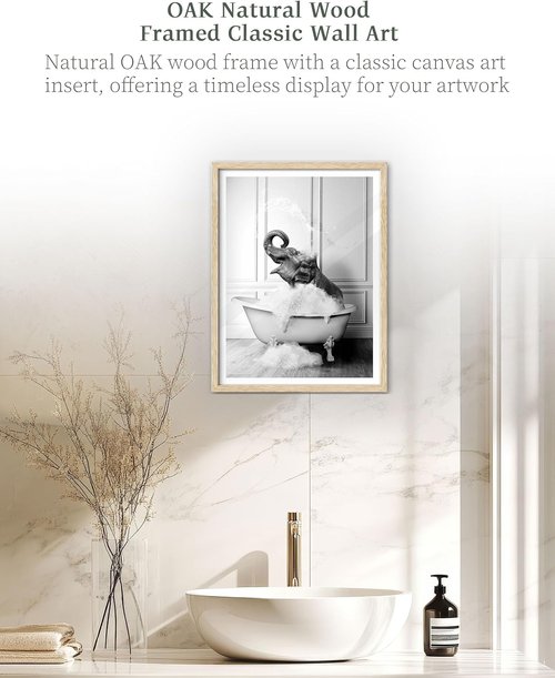 iHery Natural Oak Wood Framed Wall Art - Funny Elephant Bathing Canvas Print | 12x16 Inch Black & White Decor