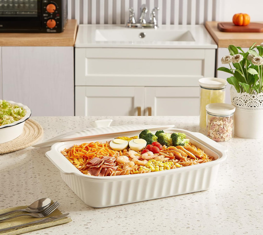 Skiennix Large Baking Dish - 5.5 Quart Ceramic Lasagna Pan with Lid | Microwave & Dishwasher Safe, White