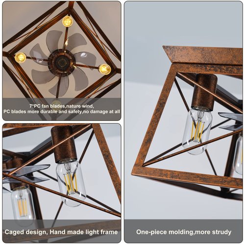 Farmhouse Ceiling Fans with Lights Remote Control Rustic Ceiling fans with Lights Caged Fandelier Flush Mount Ceiling Fan with Light Indoor Outdoor for Gazabo Bedroom Dining Room Living Room