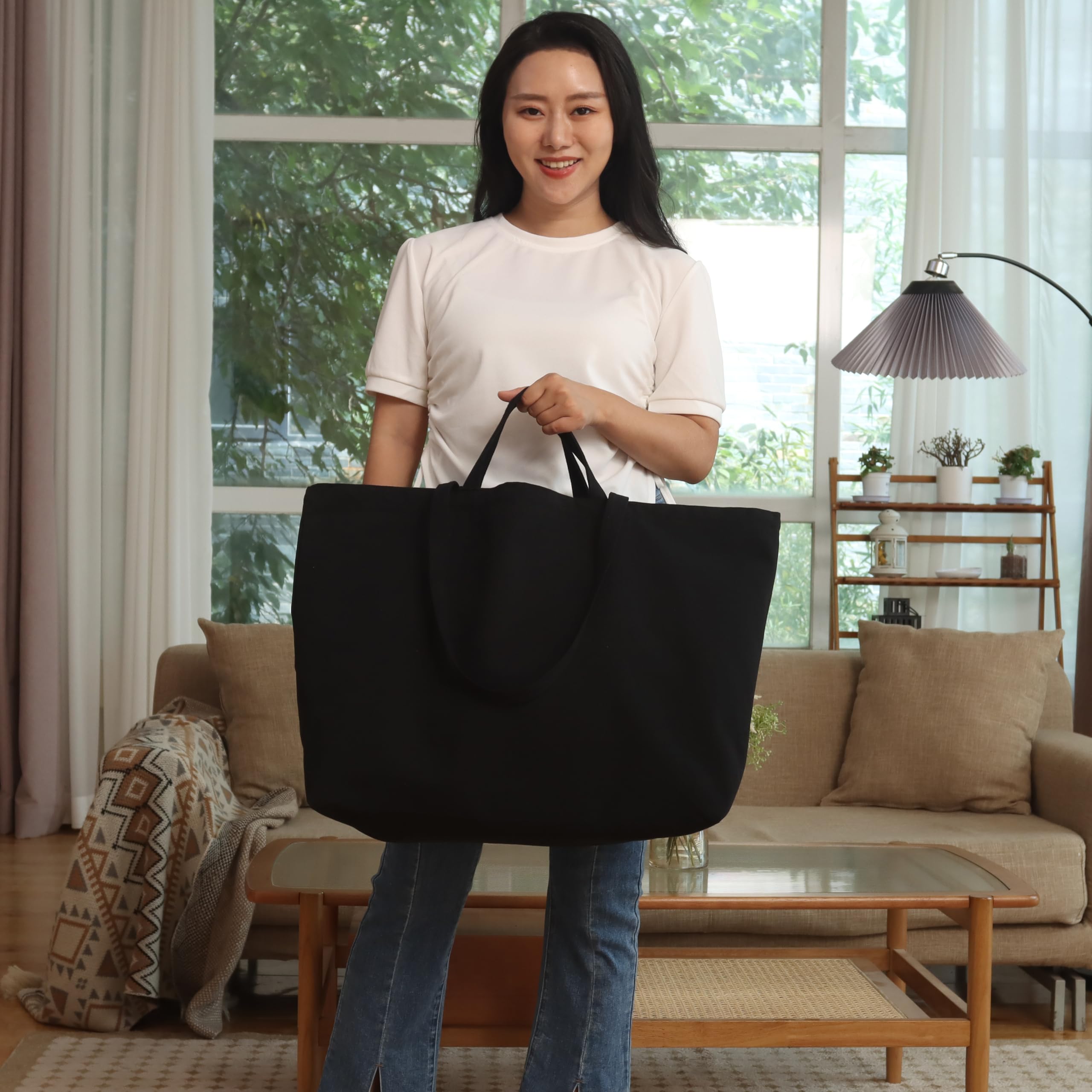 27 Inch Extra Large Canvas Shopping Bags Jumbo Heavy Duty Reusable Grocery Bags Bulk Blank Tote Bags with Double Handle (6, Black)