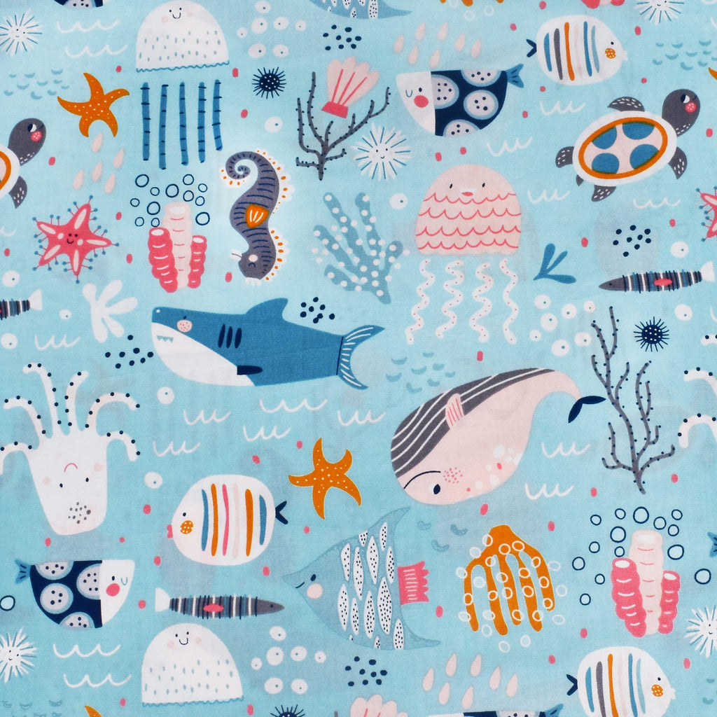 J-pinno Underwater Animals Sea Fishes Turtle Shark Dolphin Twin Sheet Set Gift 100% Cotton Flat Sheet + Fitted Sheet + Pillowcase Bedding Set for Unisex Boys Girls