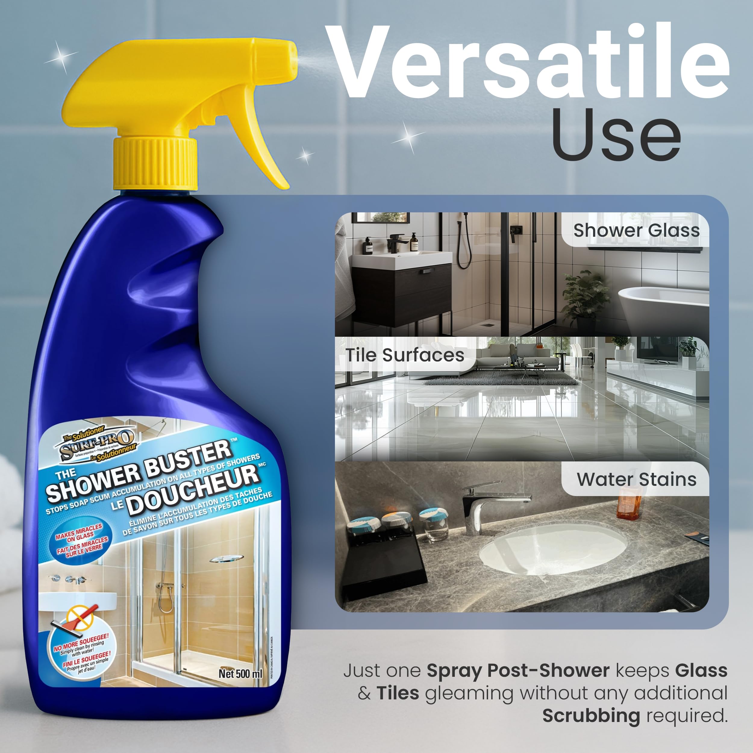 SURF PRO Shower Glass Door Cleaner – Shower Buster Spray for Soap Scum & Hard Water Stains – No Scrub Bathroom Cleaner for Glass, Tile, Chrome, Ceramic, RV and Septic Safe (500ml / 16.9oz)