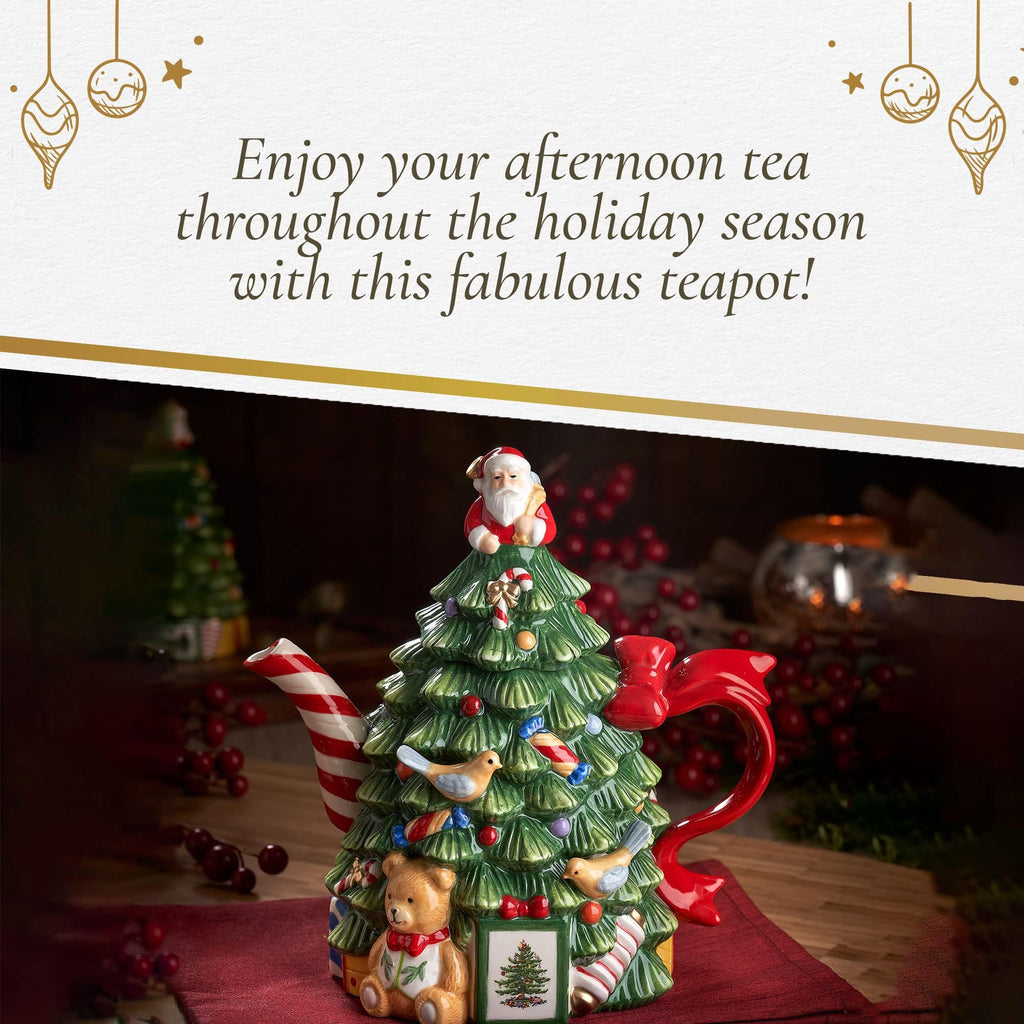 Spode Christmas Tree Figural Teapot - Festive 27 oz Christmas Teapot with Mistletoe Accents, Peppermint Stripe Spout, and Ribbon Handle - Decorative Dolomite Tea Pot for Holiday Tea Parties