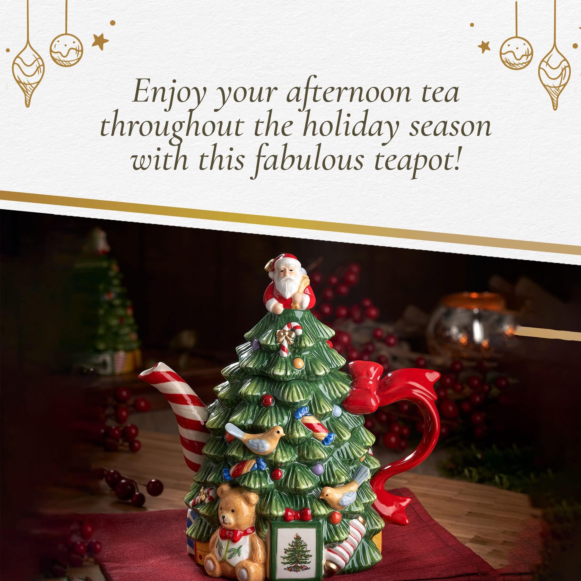 Spode Christmas Tree Figural Teapot - Festive 27 oz Christmas Teapot with Mistletoe Accents, Peppermint Stripe Spout, and Ribbon Handle - Decorative Dolomite Tea Pot for Holiday Tea Parties